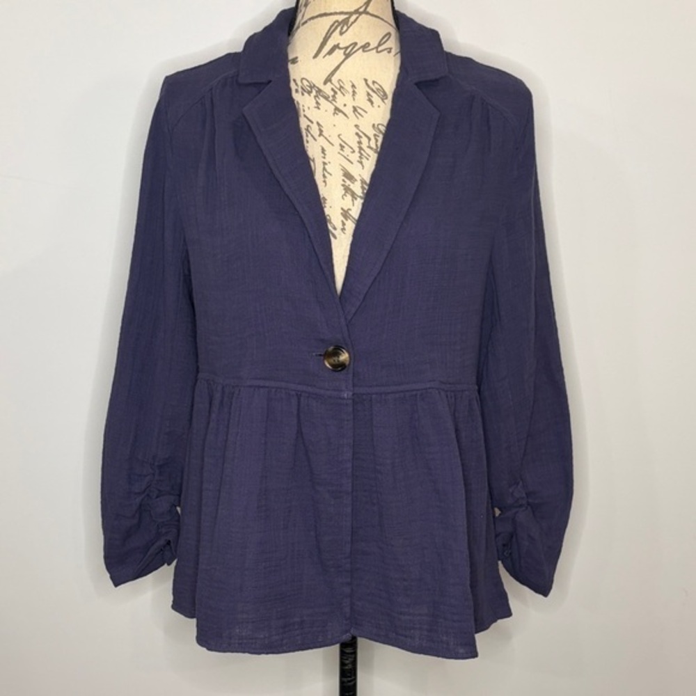 NWT Doe & Rae cotton gauze one button jacket ruched sleeve notch collar navy S